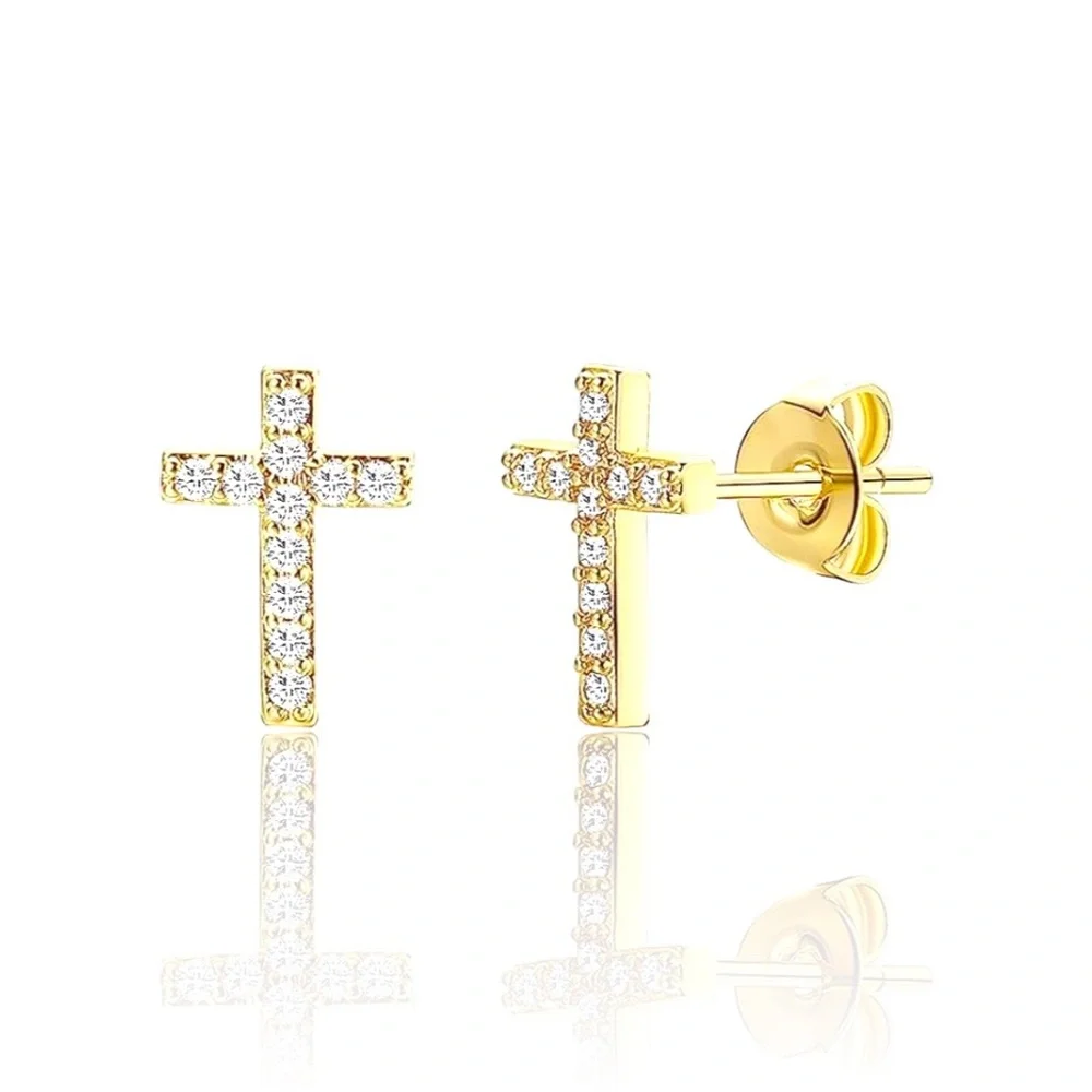 14K Gold Plated CZ Inlay Christian Cross Small Stud Earrings Baby Girl Women New - Picture 1 of 14